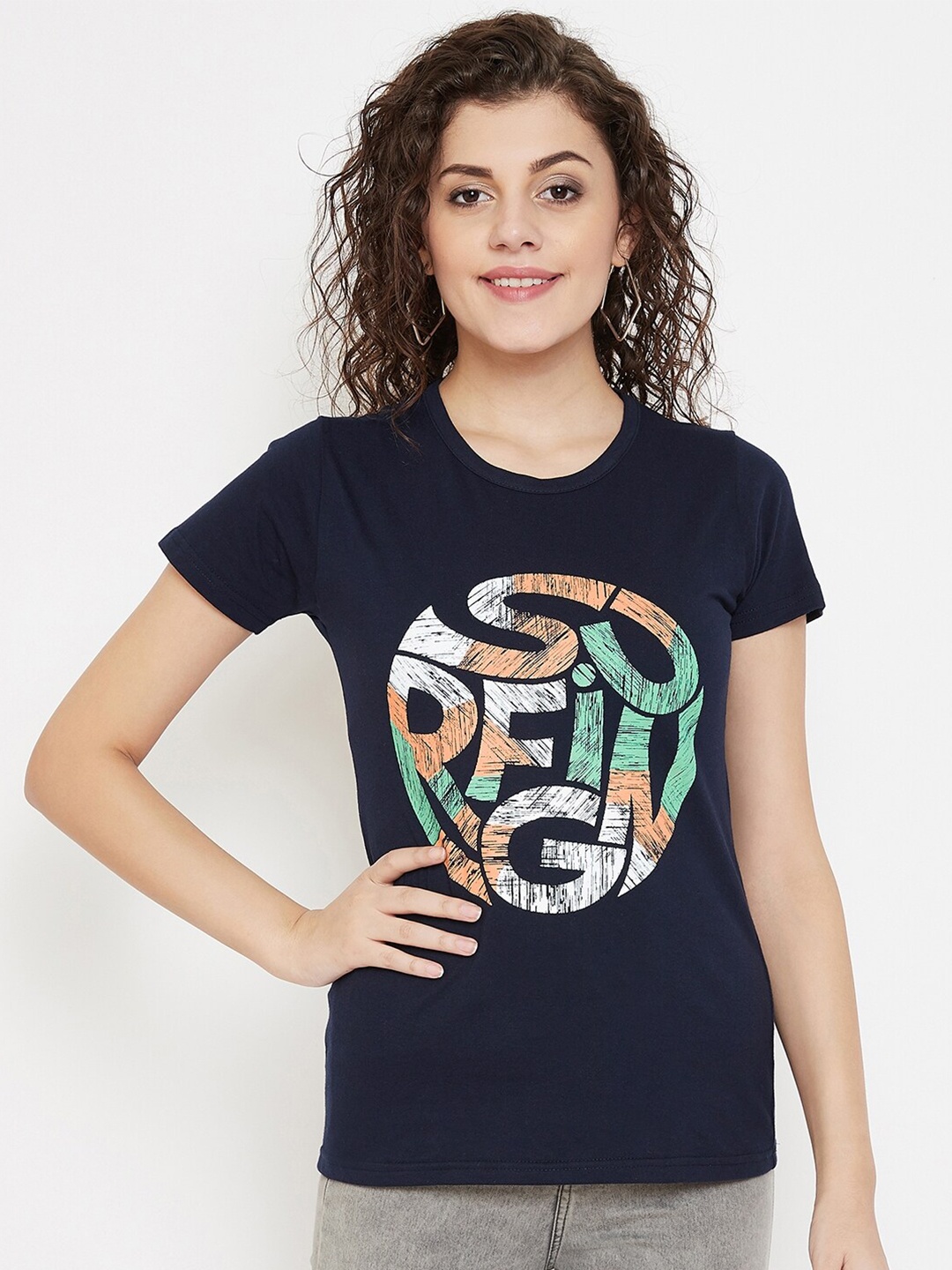 

Purple Feather Women Navy Blue & Green Printed T-shirt