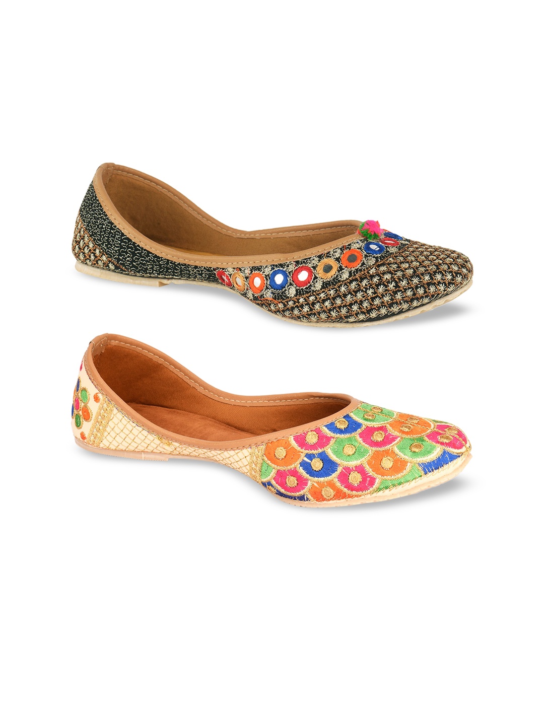 

DESI COLOUR Women Set Of 2 Multicoloured Woven Design Ethnic Mojaris, Multi