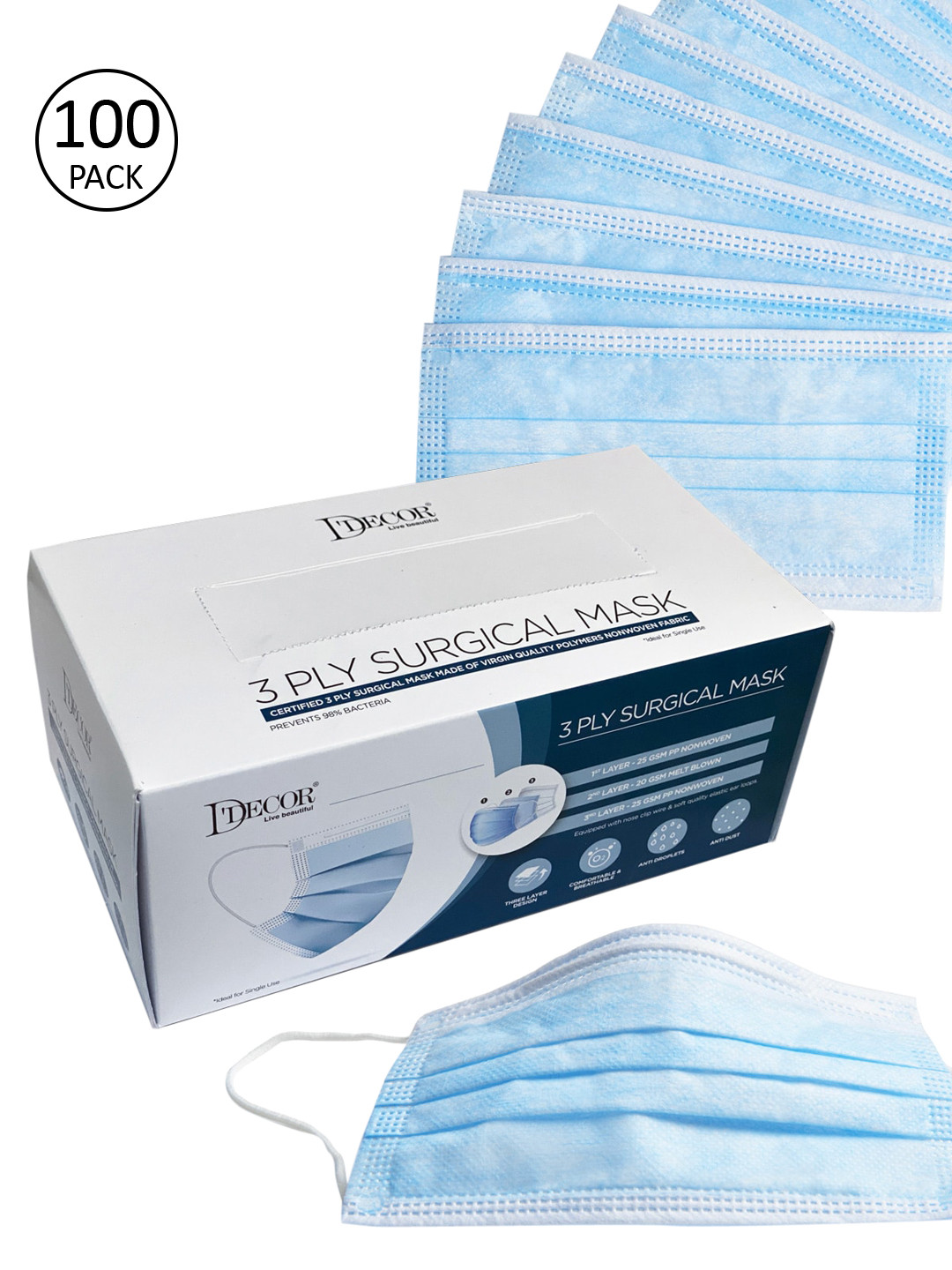 

DDecor Unisex Set Of 100 Blue Solid 3-Ply Surgical Face Masks