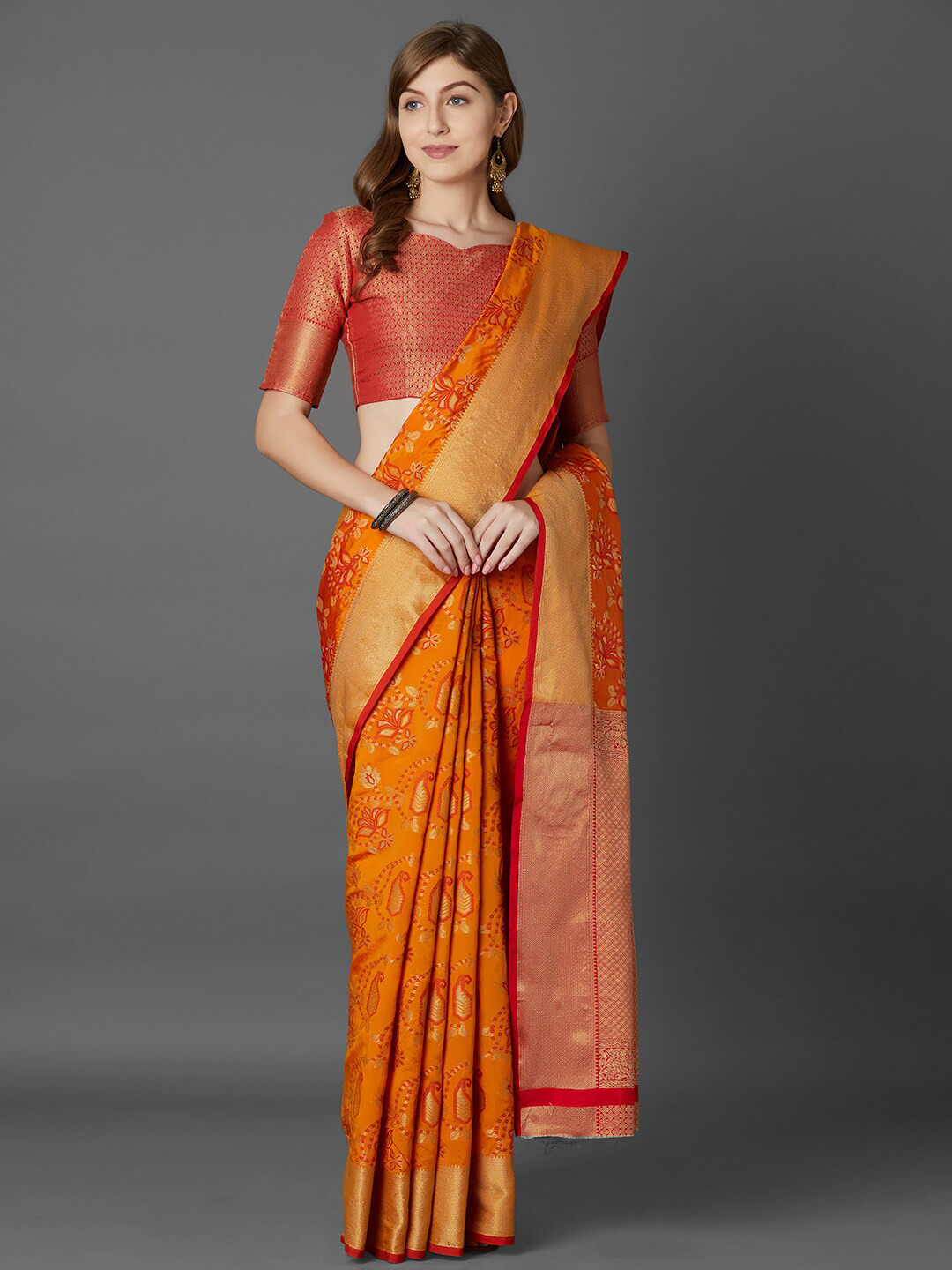 

Mitera Yellow Woven Design Silk Blend Kanjeevaram Saree