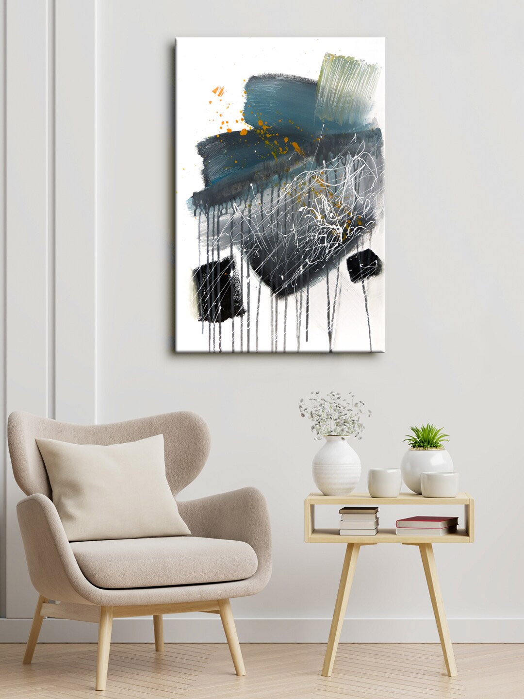 999Store Grey & White Abstract Canvas Painting Framed Wall Art