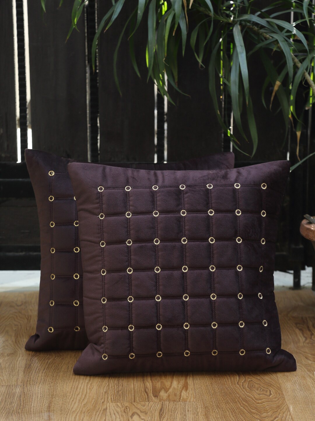 

HOSTA HOMES Brown Set of 2 Embroidered Velvet Square Cushion Covers