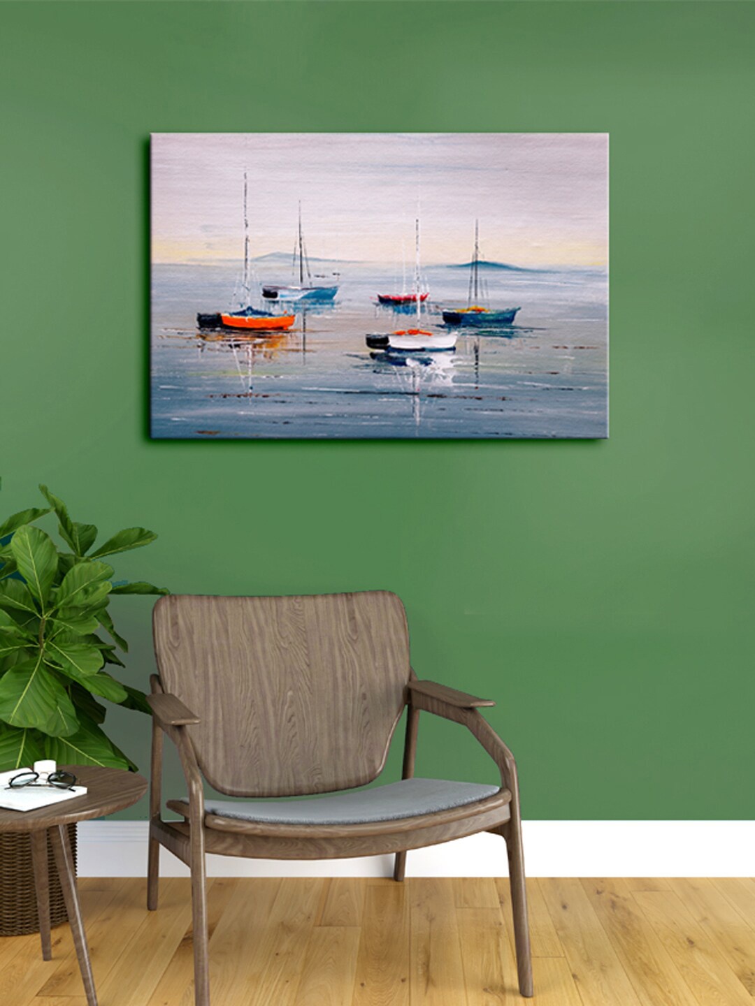 

999Store Grey & Blue Boats On Beach Framed Canvas Painting Wall Art
