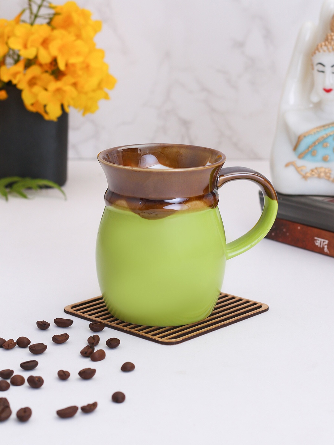 

CLAY CRAFT Green & Brown Solid 2-Pieces Ceramic Glossy Mugs Set