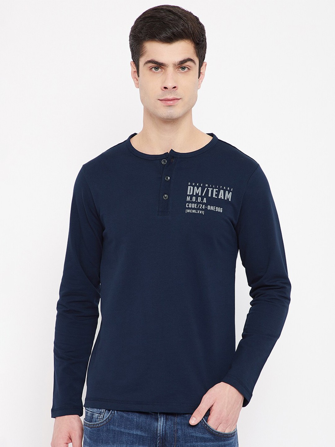 

Duke Men Navy Blue & Grey Typography Printed Henley Neck Cotton T-shirt