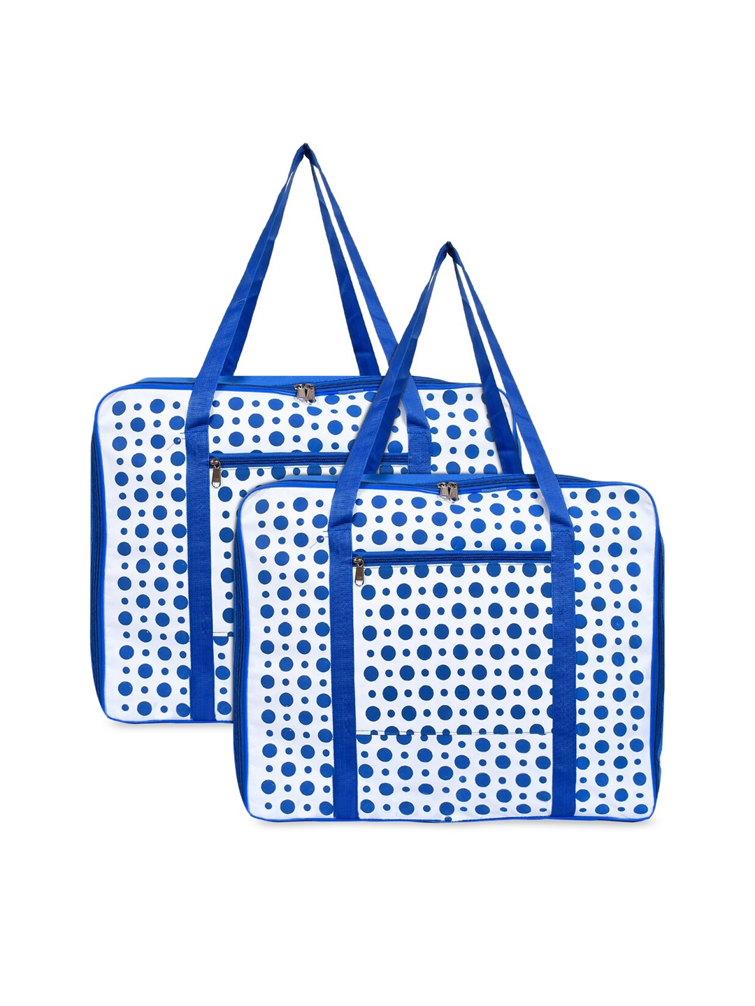 

Kuber Industries Set Of 2 White & Blue Dot Printed Large Size Foldable Travel Luggage Duffle Organisers