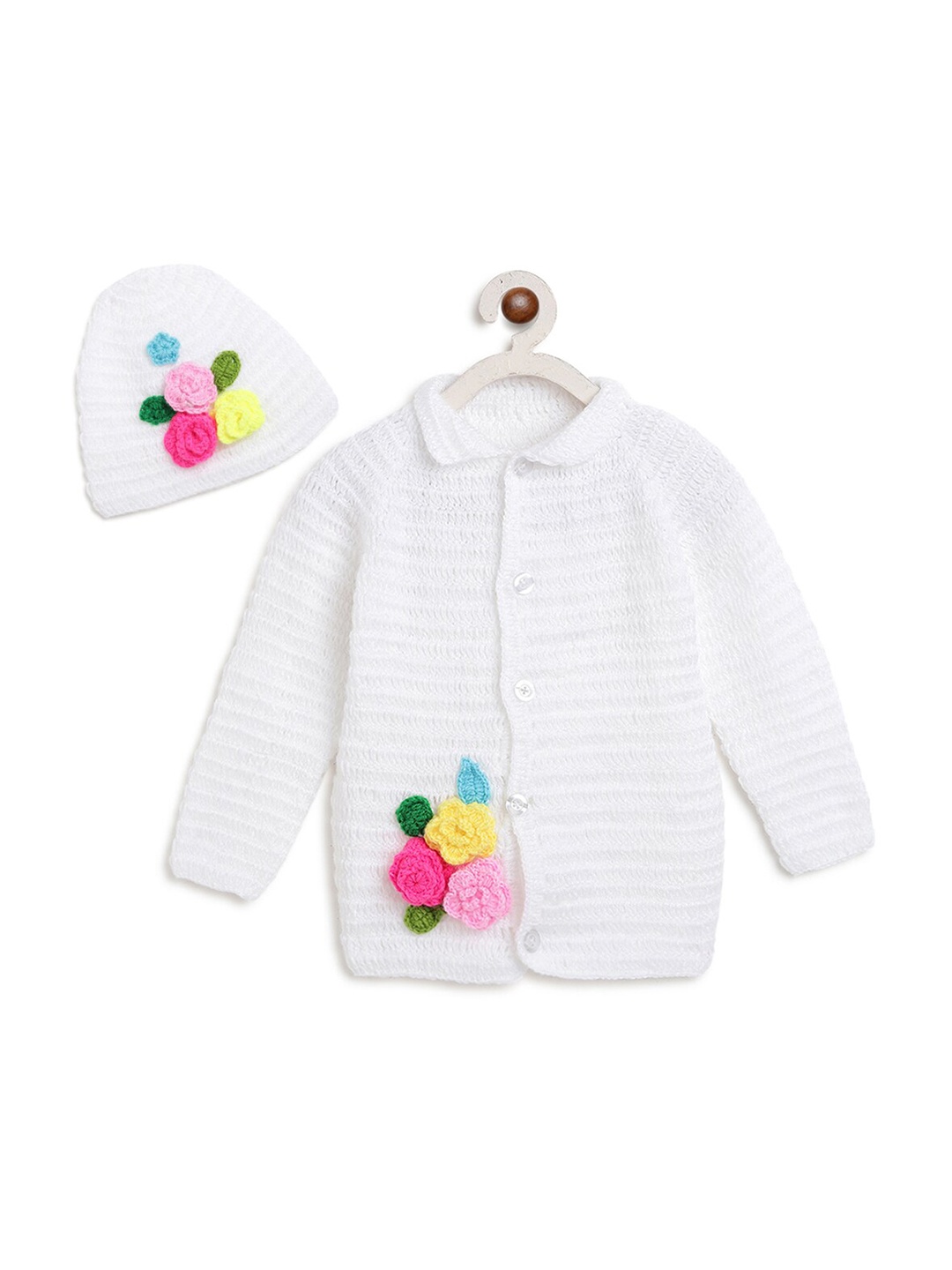 CHUTPUT Kids White & Pink Floral Cardigan with Flower Crochet