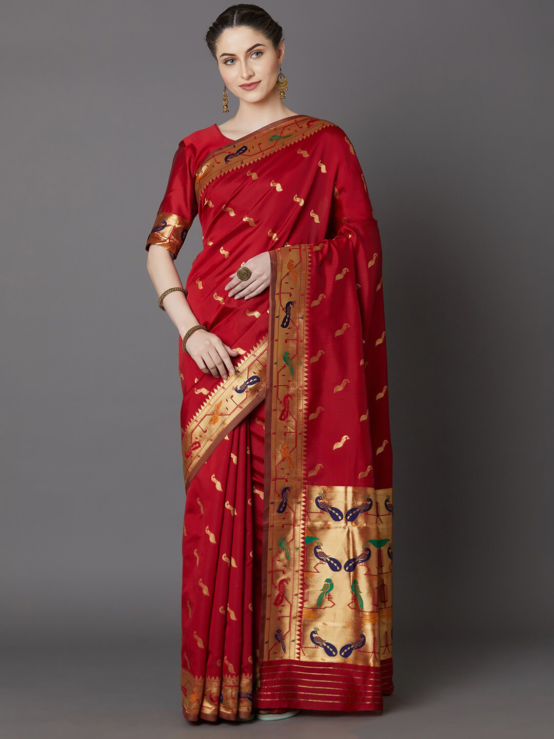 

Mitera Red & Navy Blue Ethnic Motifs Zari Silk Blend Saree