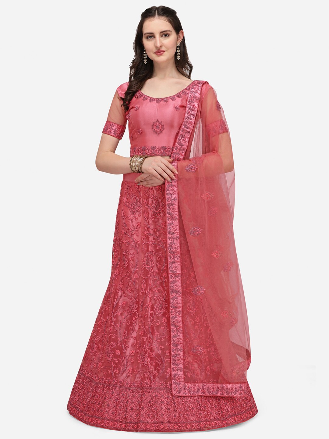 

Netram Women Pink Semi Stiched Embroidered Net Lehenga Choli
