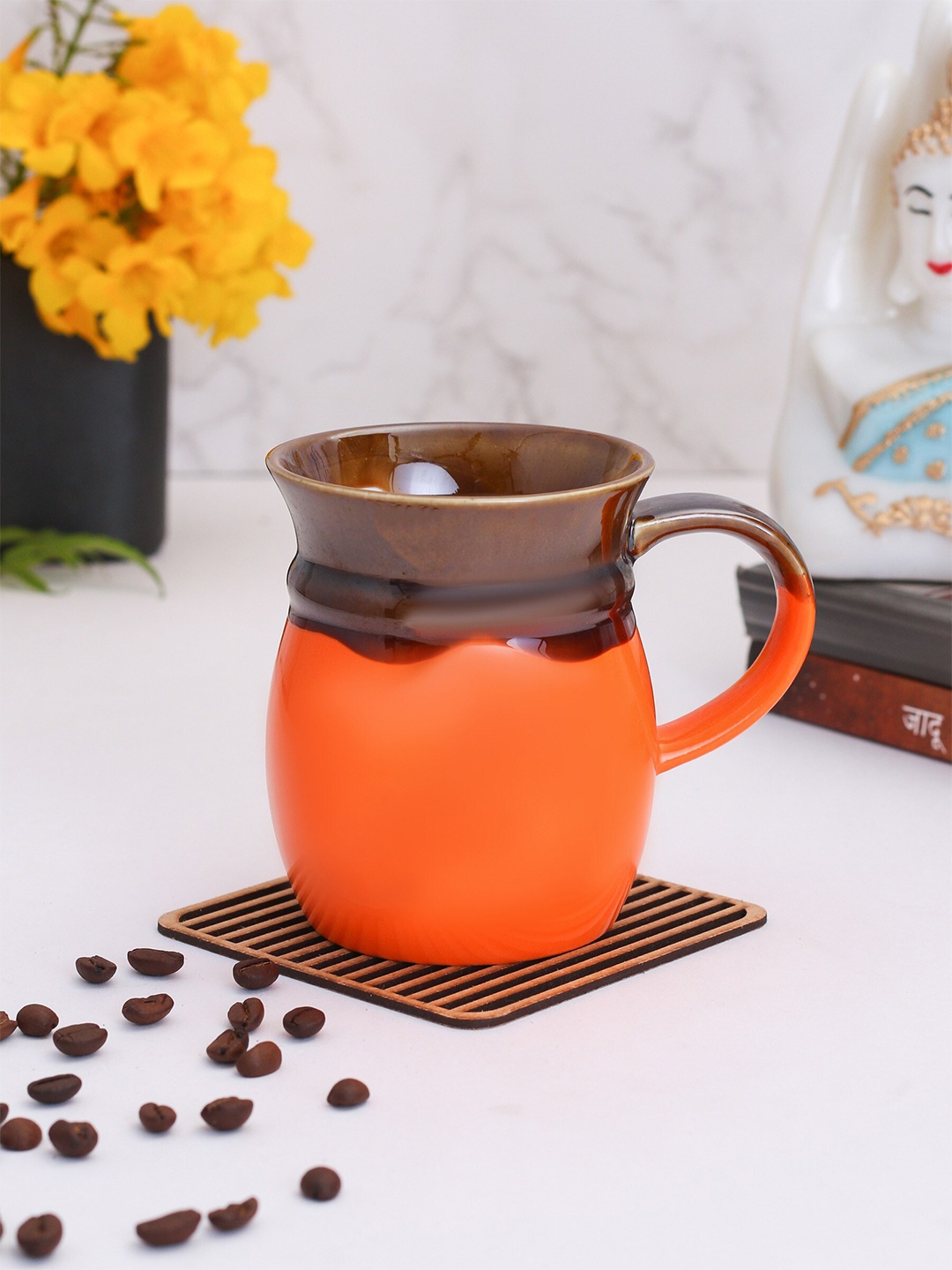 CLAY CRAFT Set of 2 Orange & Brown Solid Ceramic Glossy Mugs