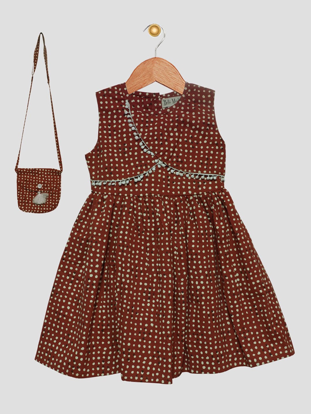 

Bella Moda Girls Brown Printed Dress With Pompom Detail