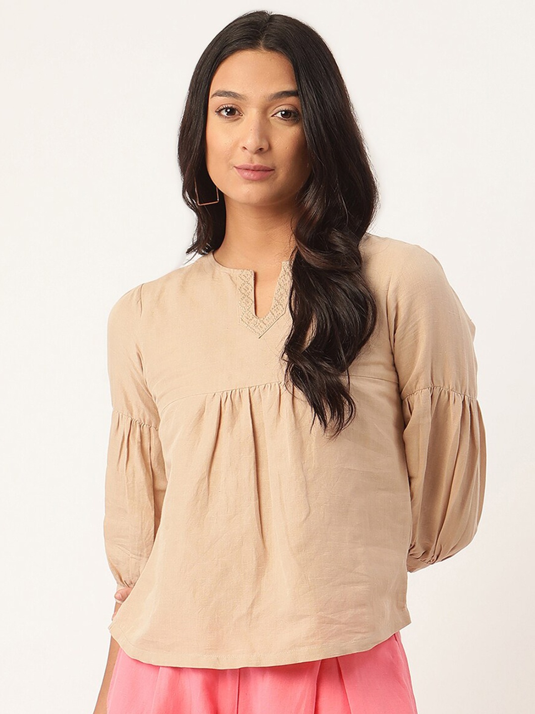 

ROOTED Brown Mandarin Collar Linen Regular Top
