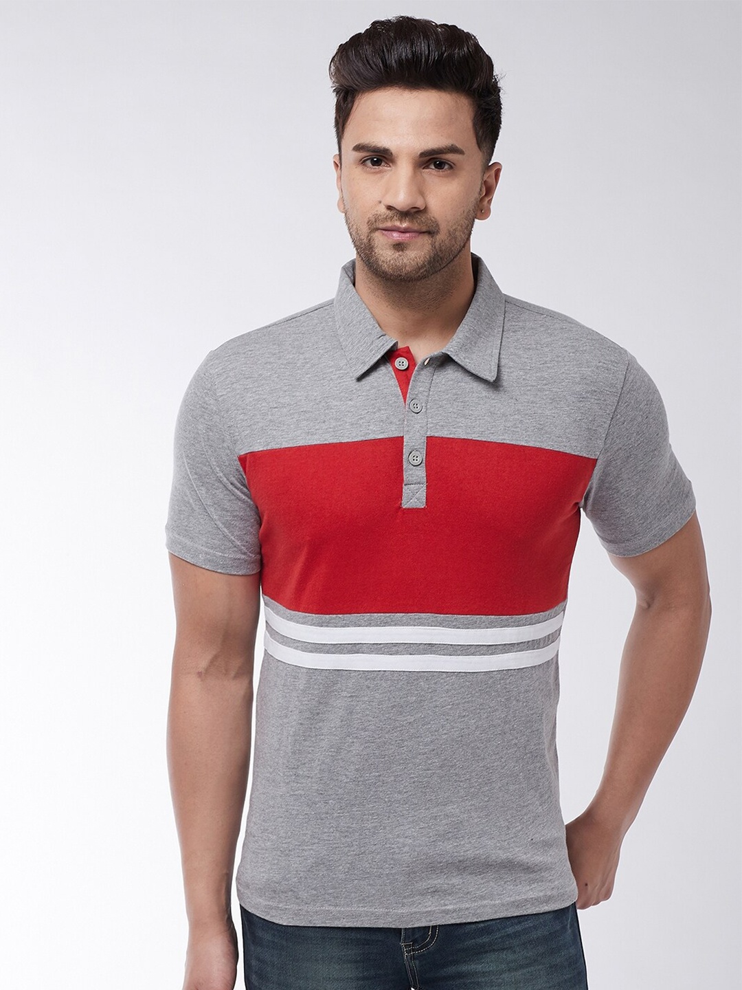 

GRITSTONES Men Grey & Red Colourblocked Polo Collar T-shirt