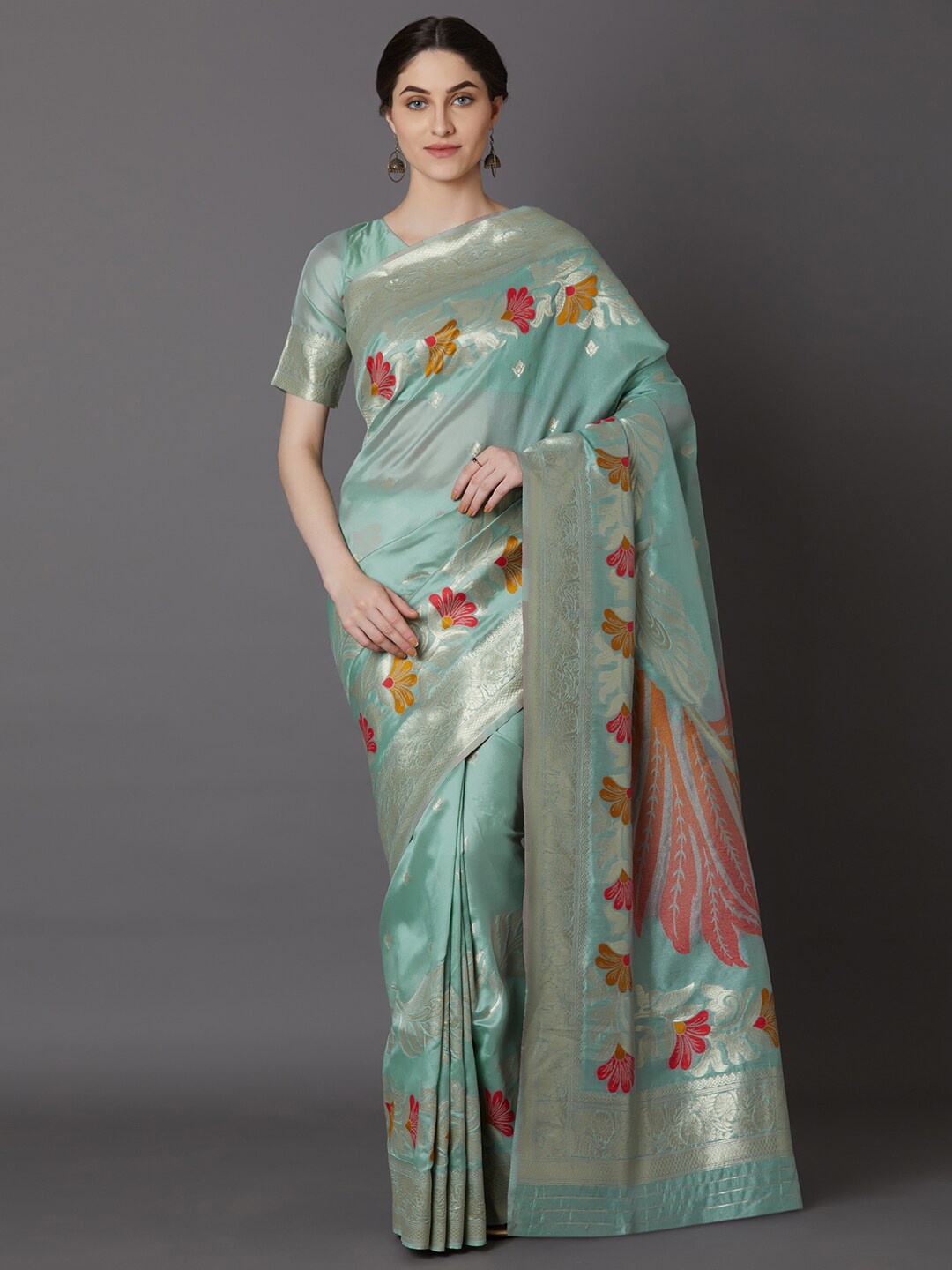 

Mitera Sea Green & Red Woven Design Silk Blend Kanjeevaram Saree