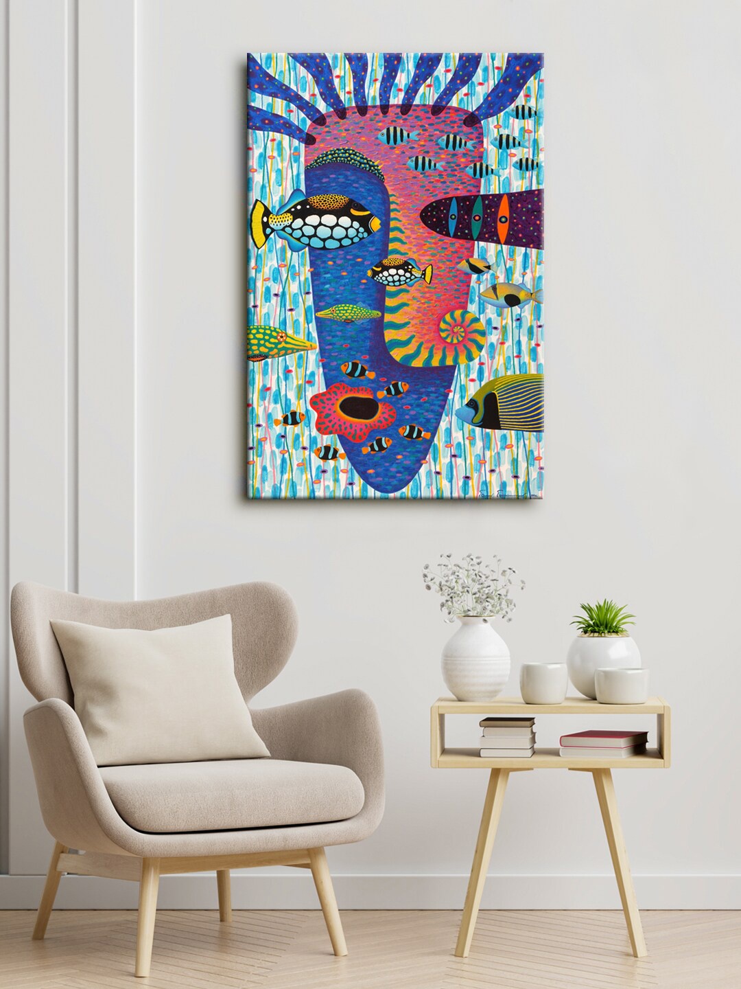 

999Store Blue & Pink Fish In The Ocean Canvas Painting Framed Wall Art