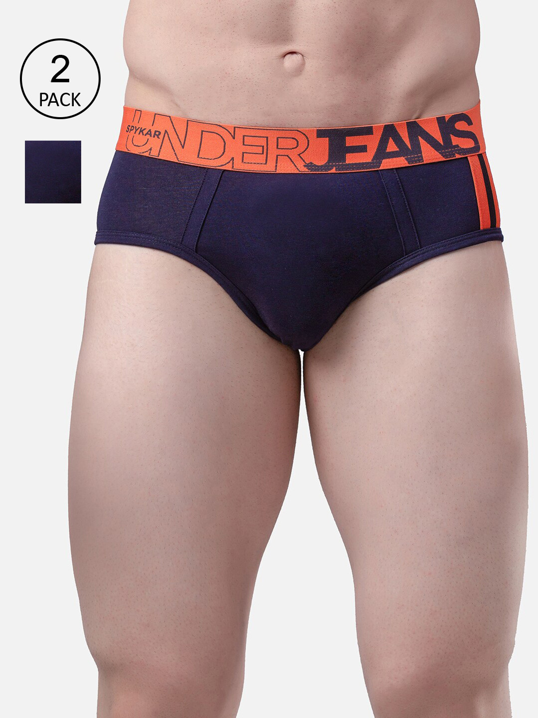 

UnderJeans by Spykar Men Pack Of 2 Navy Blue & Orange Solid Basic Briefs UJMBRPBC011
