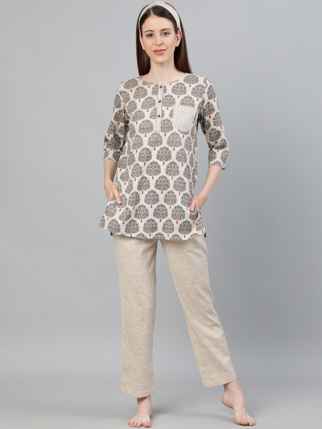 

Jaipur Kurti Women Blue & Cream-Coloured Printed Night suit