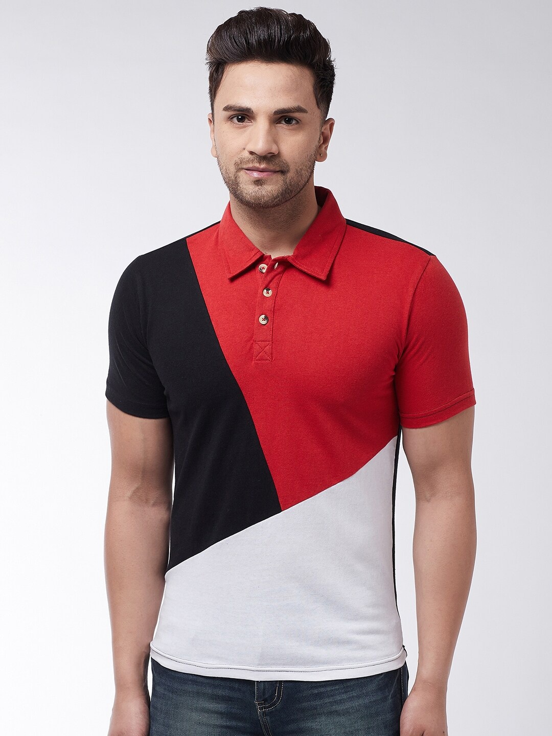 

GRITSTONES Men Red & Black Colourblocked Polo Collar T-shirt