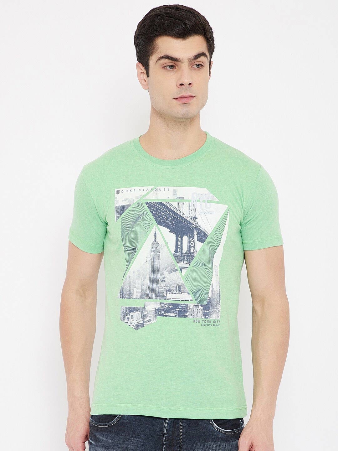 

Duke Men Green Printed Raw Edge T-shirt