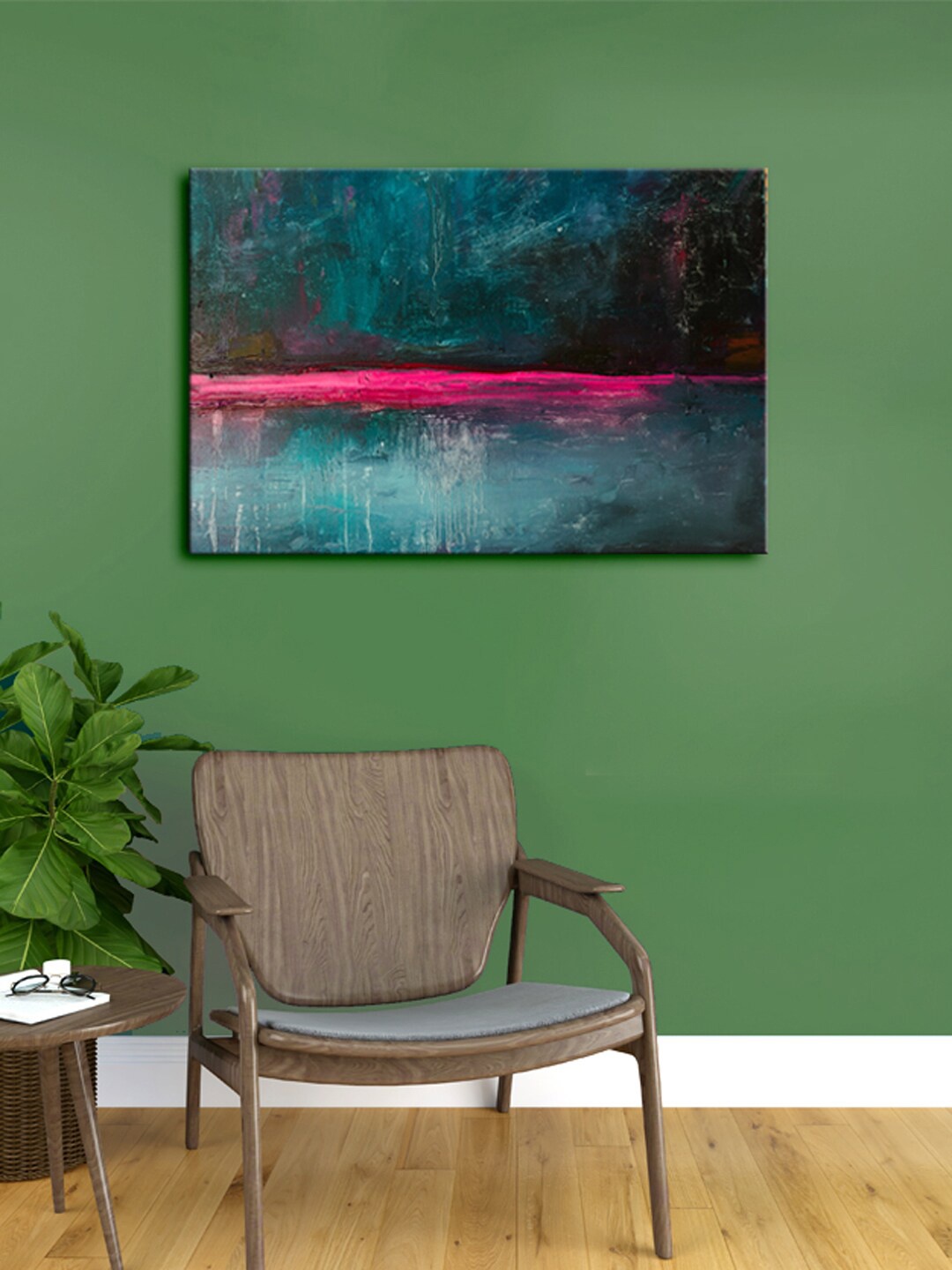 

999Store Teal Blue & Magenta Pink Abstract Framed Canvas Painting Wall Art, Sea green