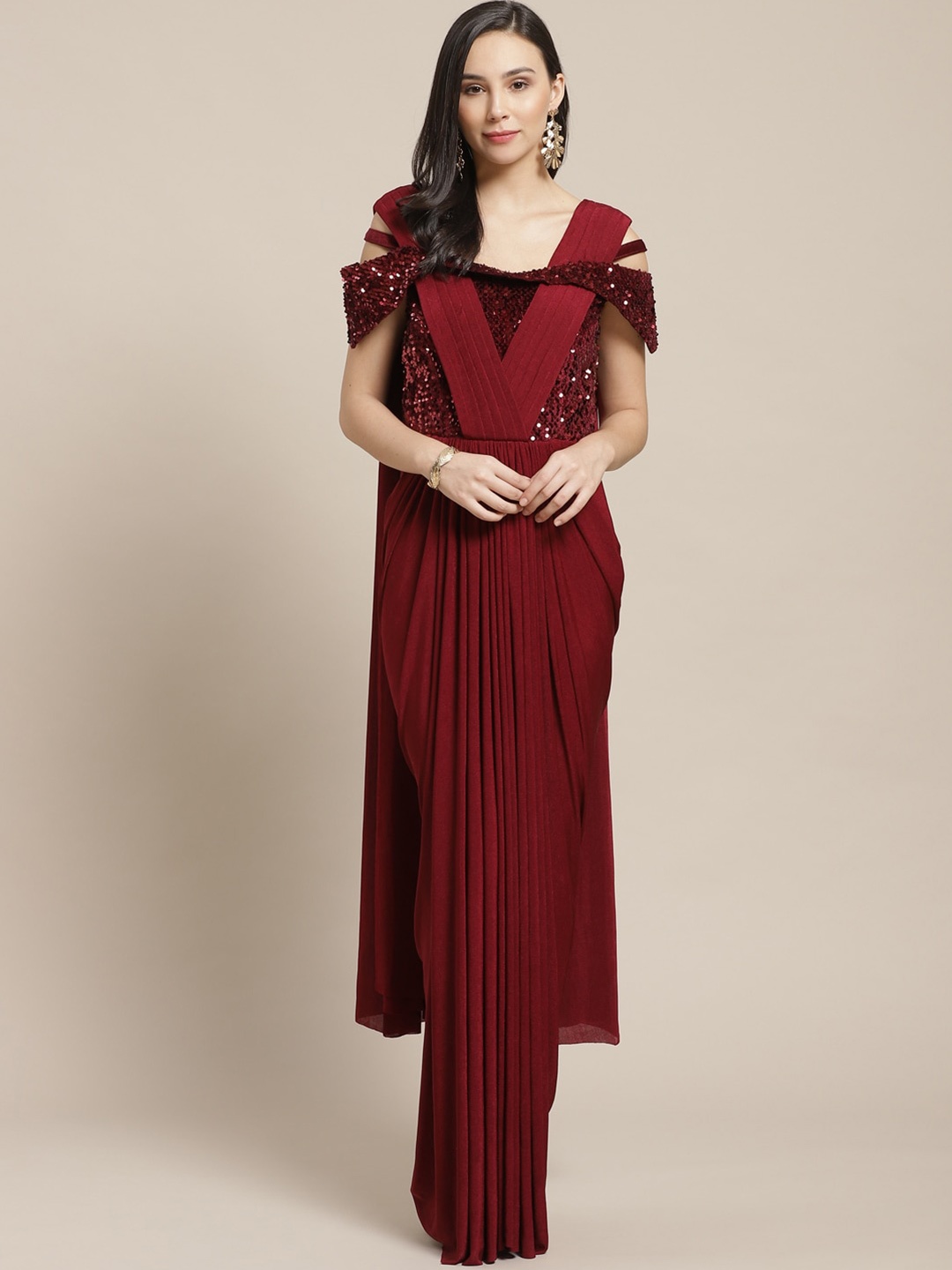 

Chhabra 555 Maroon Embellished Sequinned Ready to Wear Saree