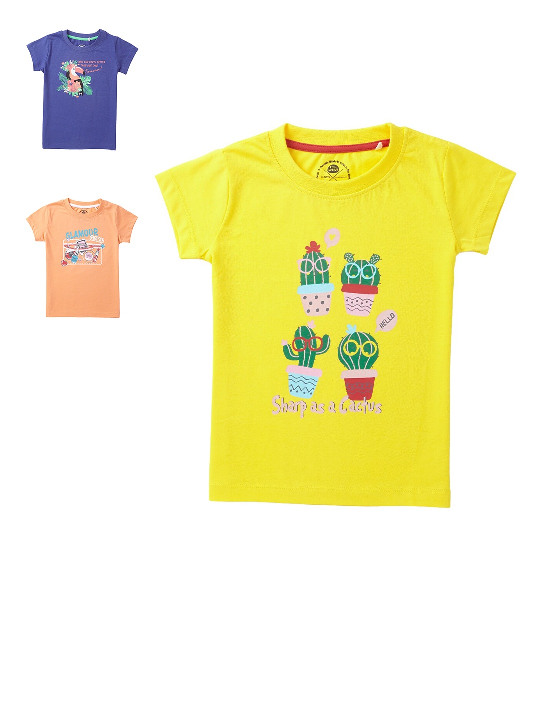 Cub McPaws Girls Pack Of 3 Printed Cotton T-shirt, Yellow