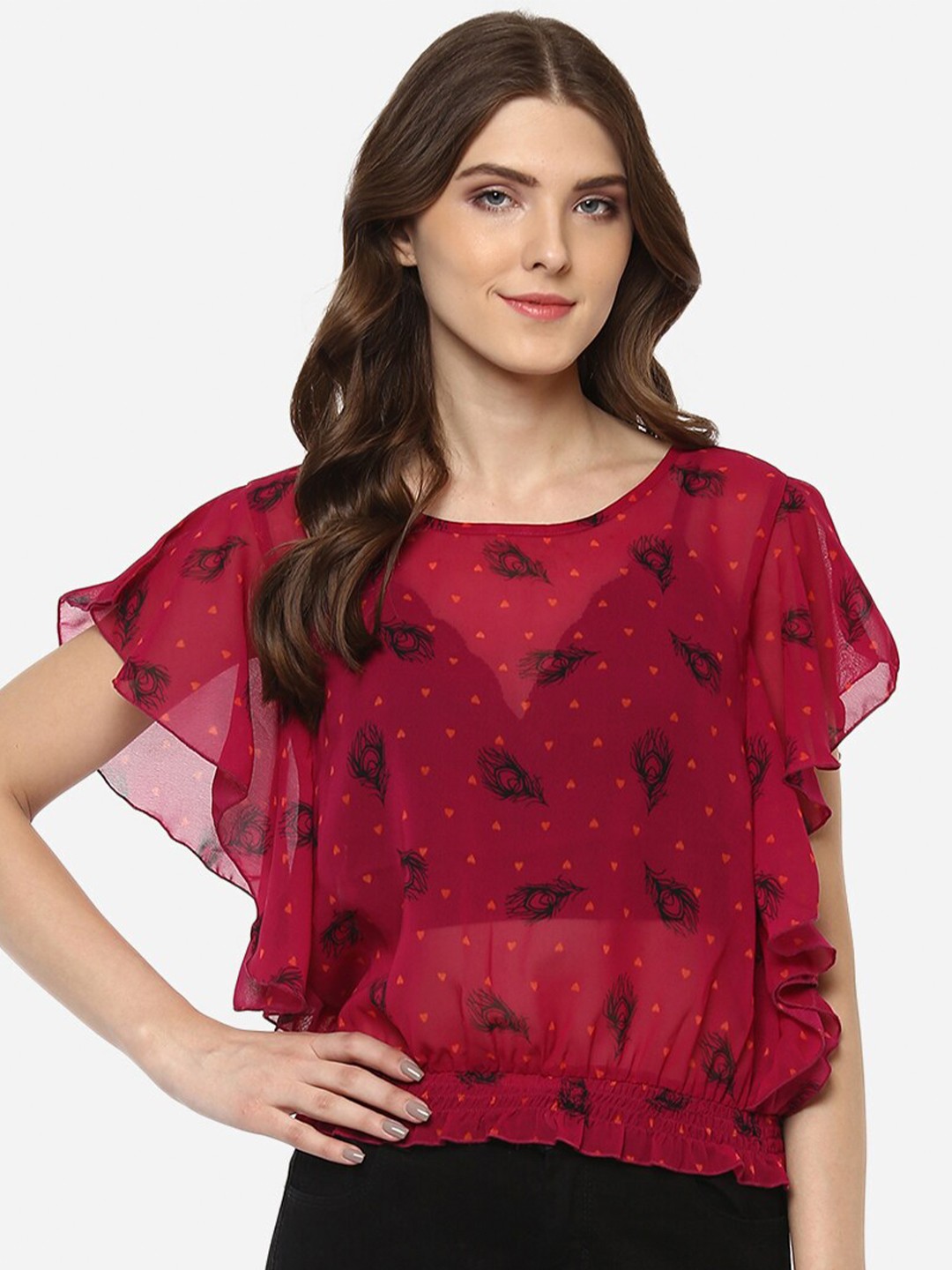 

Porsorte Red & Black Flutter Sleeve Blouson Top