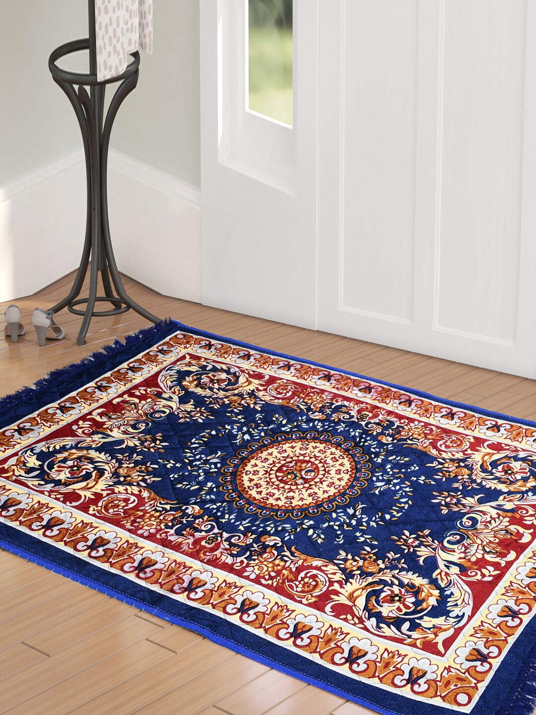 

Kuber Industries Blue & Orange Printed Super Soft Velvet Anti-Skid Carpet