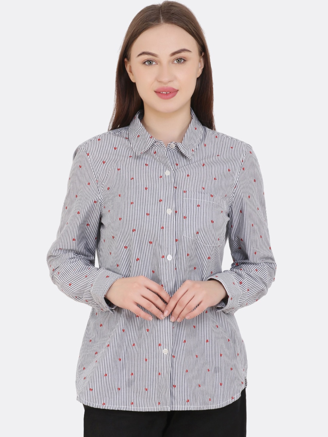 

FABNEST Women Grey & White Striped Cotton Casual Shirt