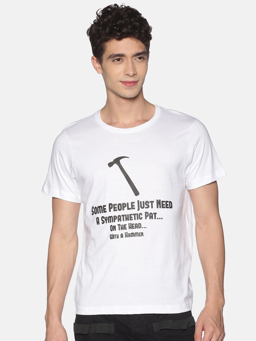 

OBOW Men White Typography Printed Bio Finish Cotton Pure Cotton T-shirt