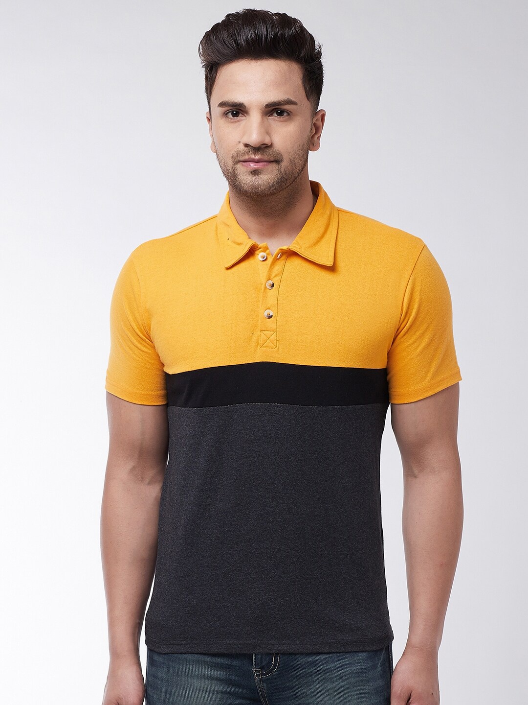 

GRITSTONES Men Mustard Yellow & Black Colourblocked Polo Collar T-shirt