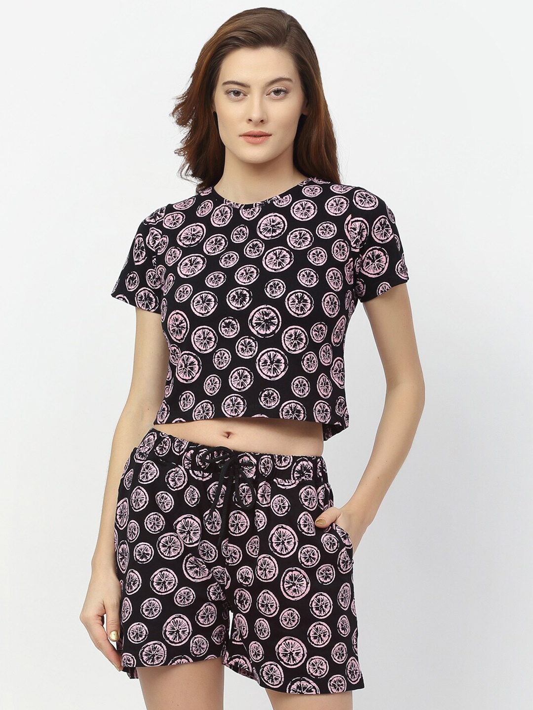 

Rigo Women Black & Pink Printed Cotton Crop Top with Shorts