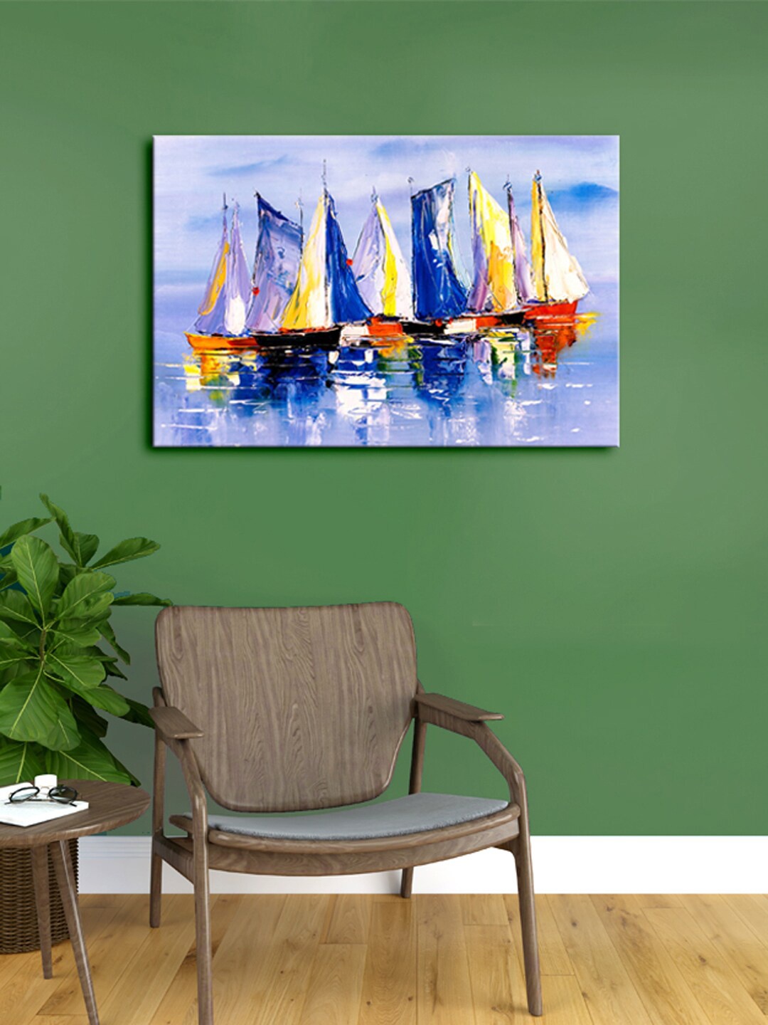 

999Store Blue & Yellow Abstract Boats Canvas Painting Framed Wall Art