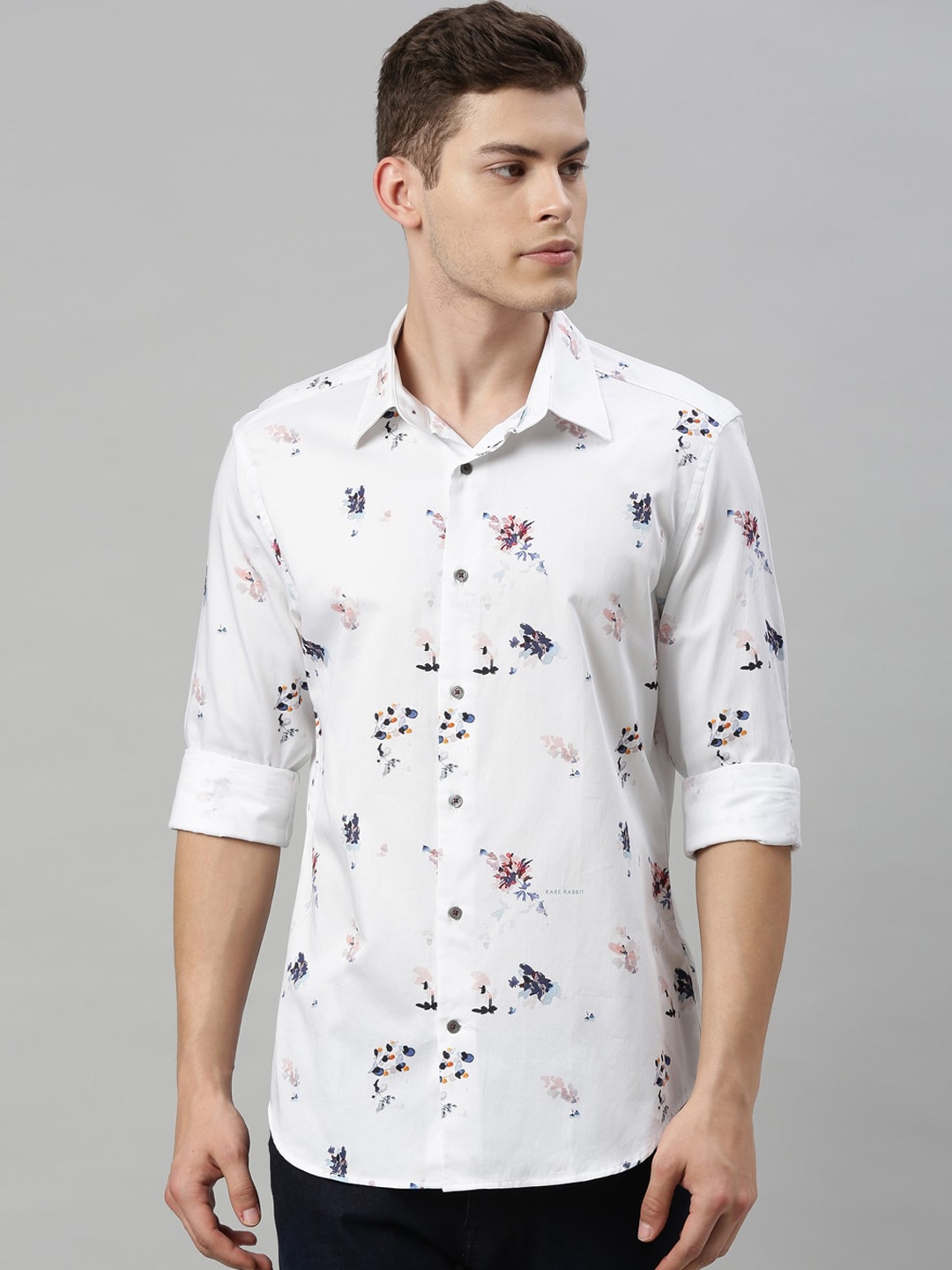 

RARE RABBIT Men Off White Floral Printed Cotton Casual Shirt