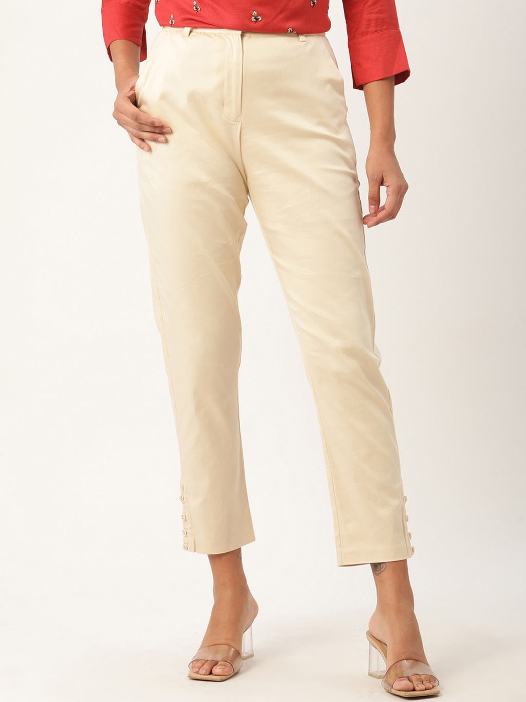 ROOTED Women Cream Peg Trousers