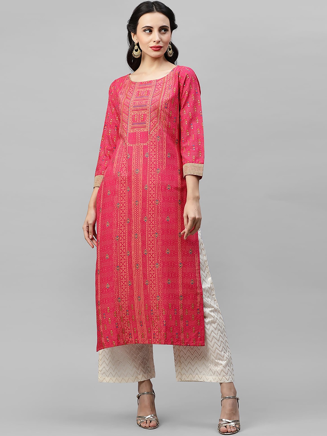 

Indo Era Women Pink & Gold-Coloured Geometric Foil Printed Straight Kurta
