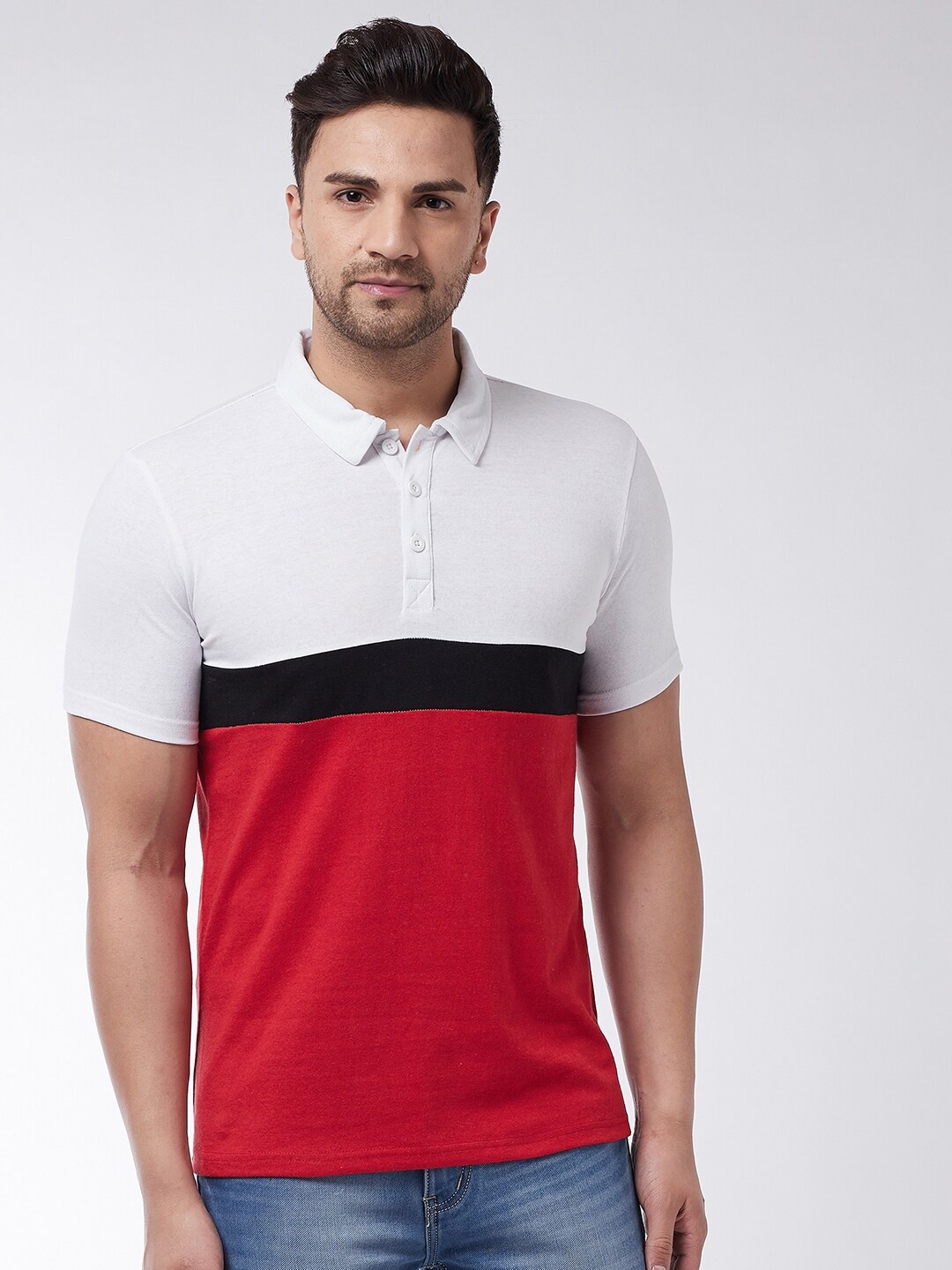 

GRITSTONES Men White & Red Colourblocked Polo Collar T-shirt