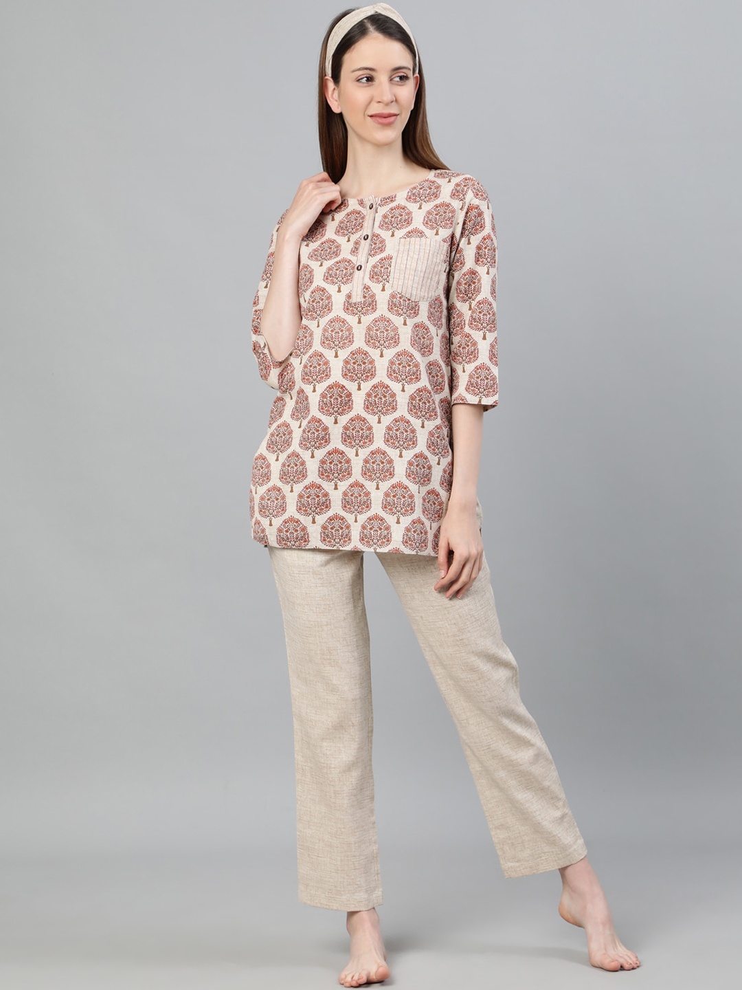 

Jaipur Kurti Women Cream & Red Printed Night suit