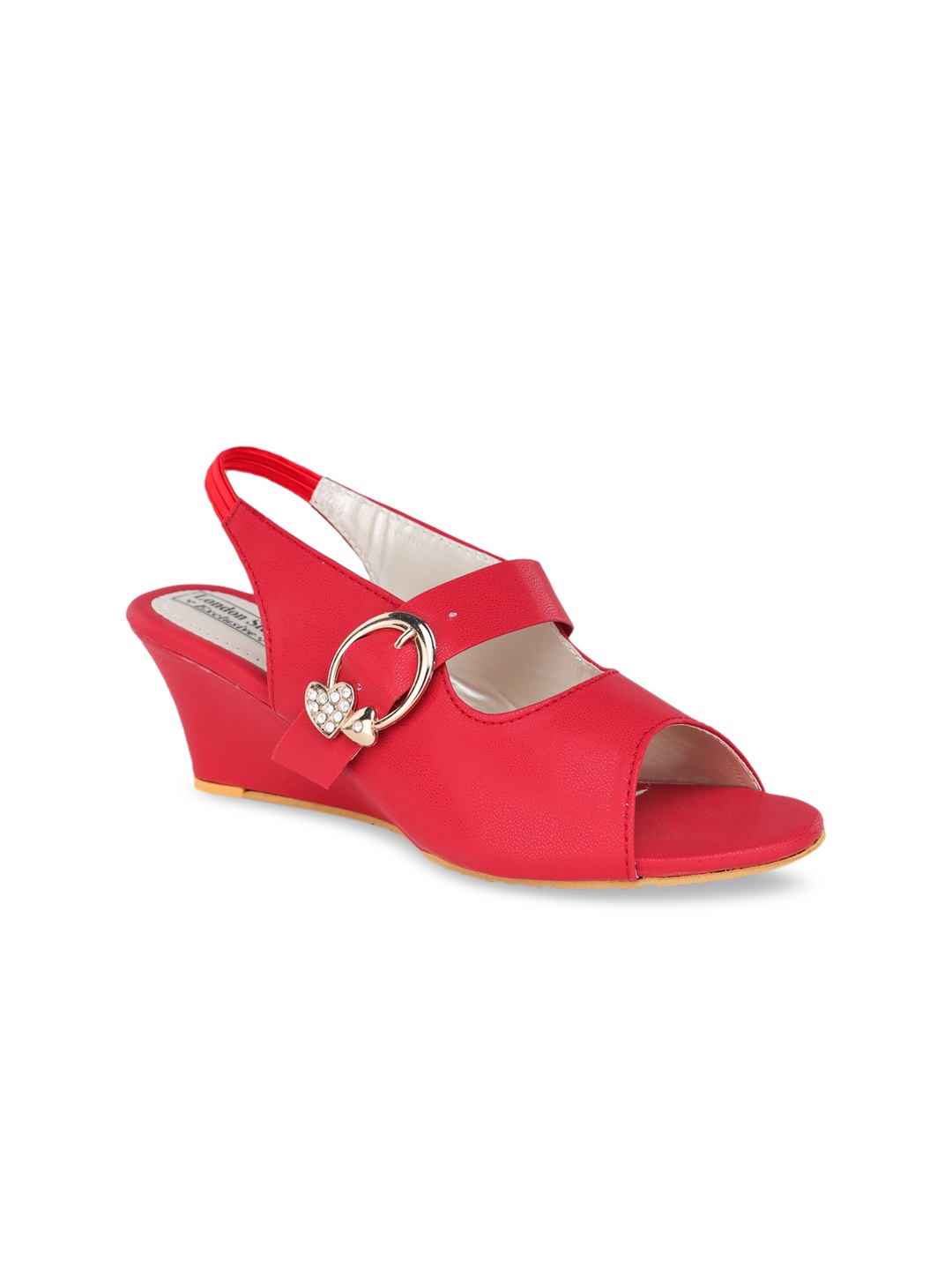 

LONDON STEPS Women Red Solid Western Embellished Wedge Mules
