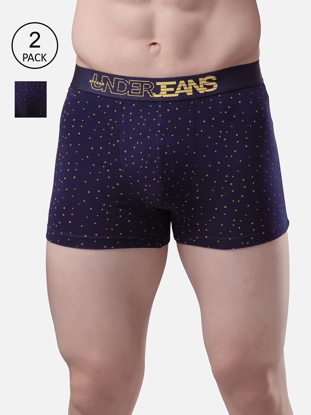 

UnderJeans by Spykar Men Pack Of 2 Navy Blue & Yellow Printed Cotton Trunks UJMTRPTC034