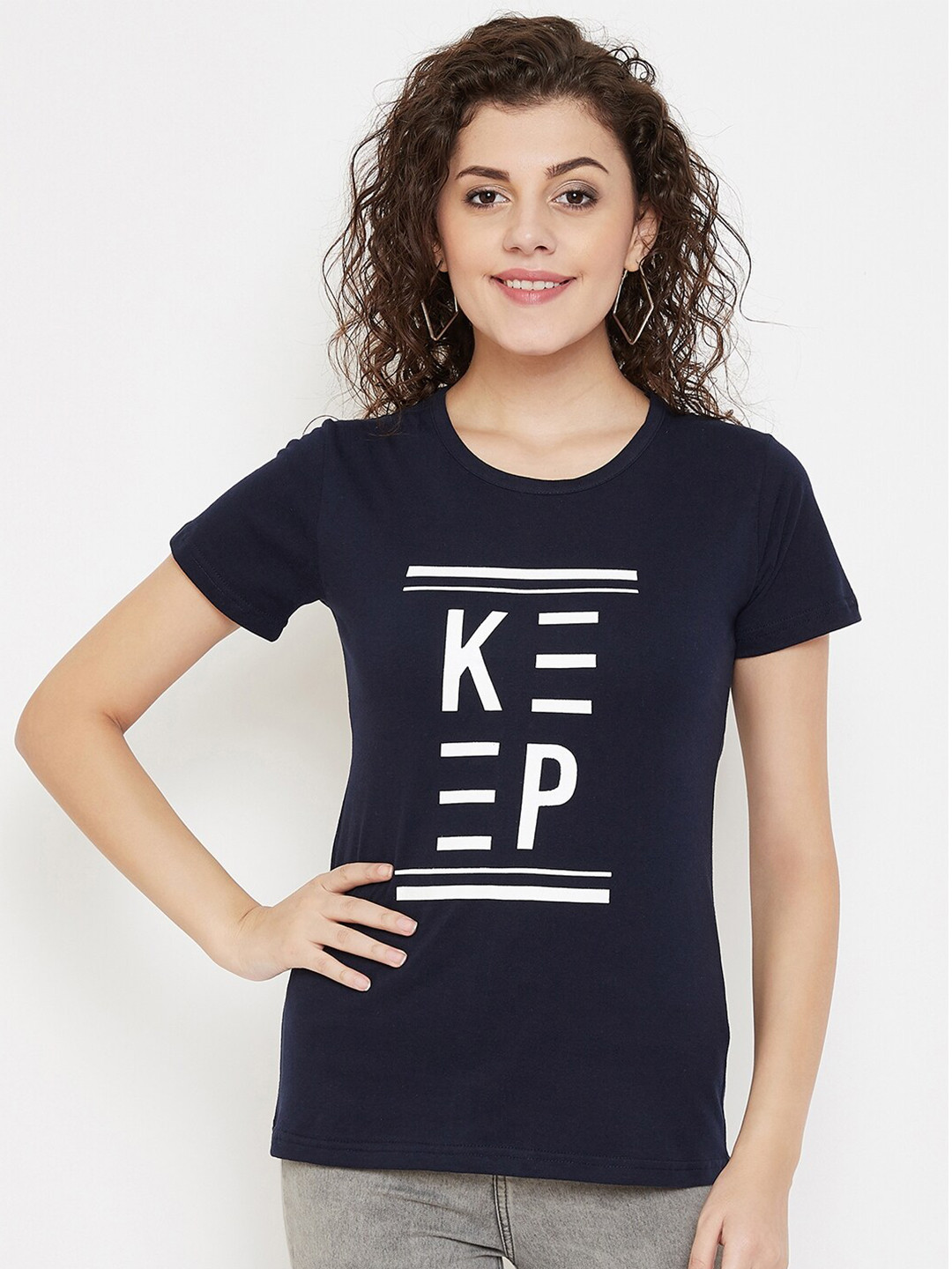 

Purple Feather Women Navy Blue Typography Printed T-shirt