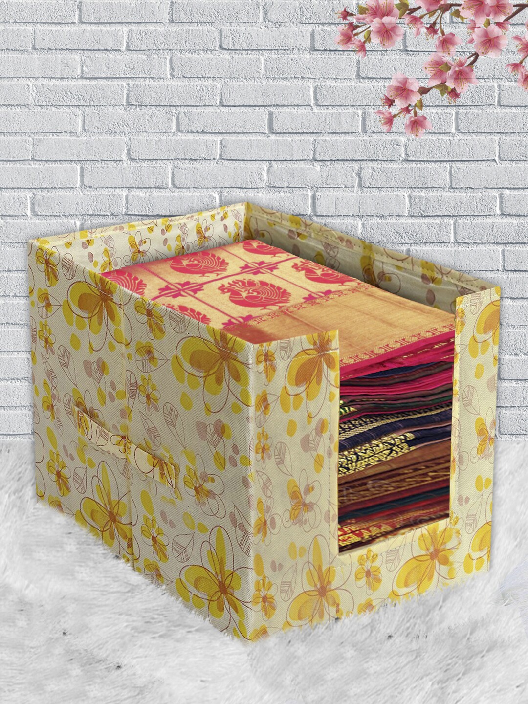 

Kuber Industries Yellow & Pink Floral Printed Foldable Rectangle Cloth Saree Stacker