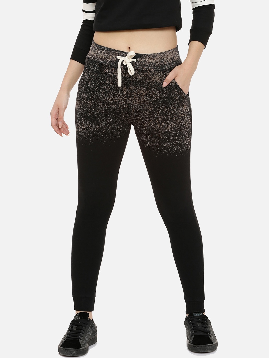 Campus Sutra Women Black & Beige Textured Straight-Fit Joggers
