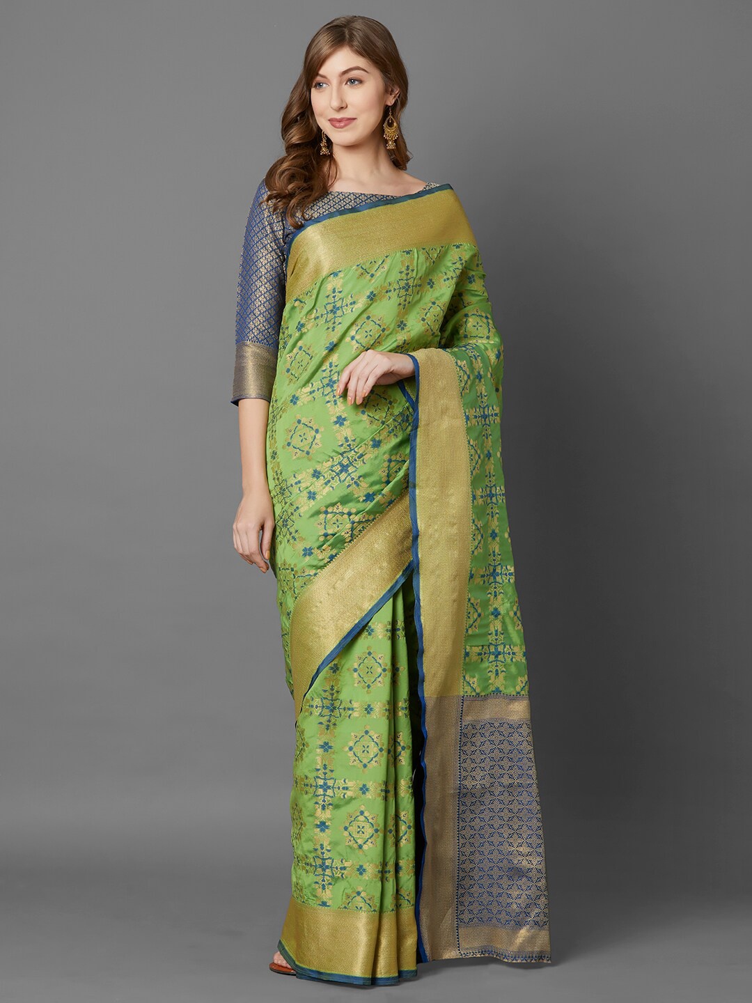 

Mitera Green & Blue Woven Design Zari Silk Blend Kanjeevaram Saree