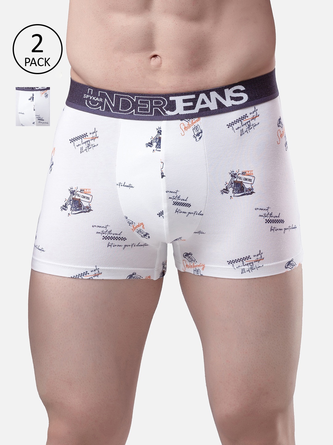 

UnderJeans by Spykar Men Pack Of 2 White & Navy Blue Printed Trunks UJMTRPTC028
