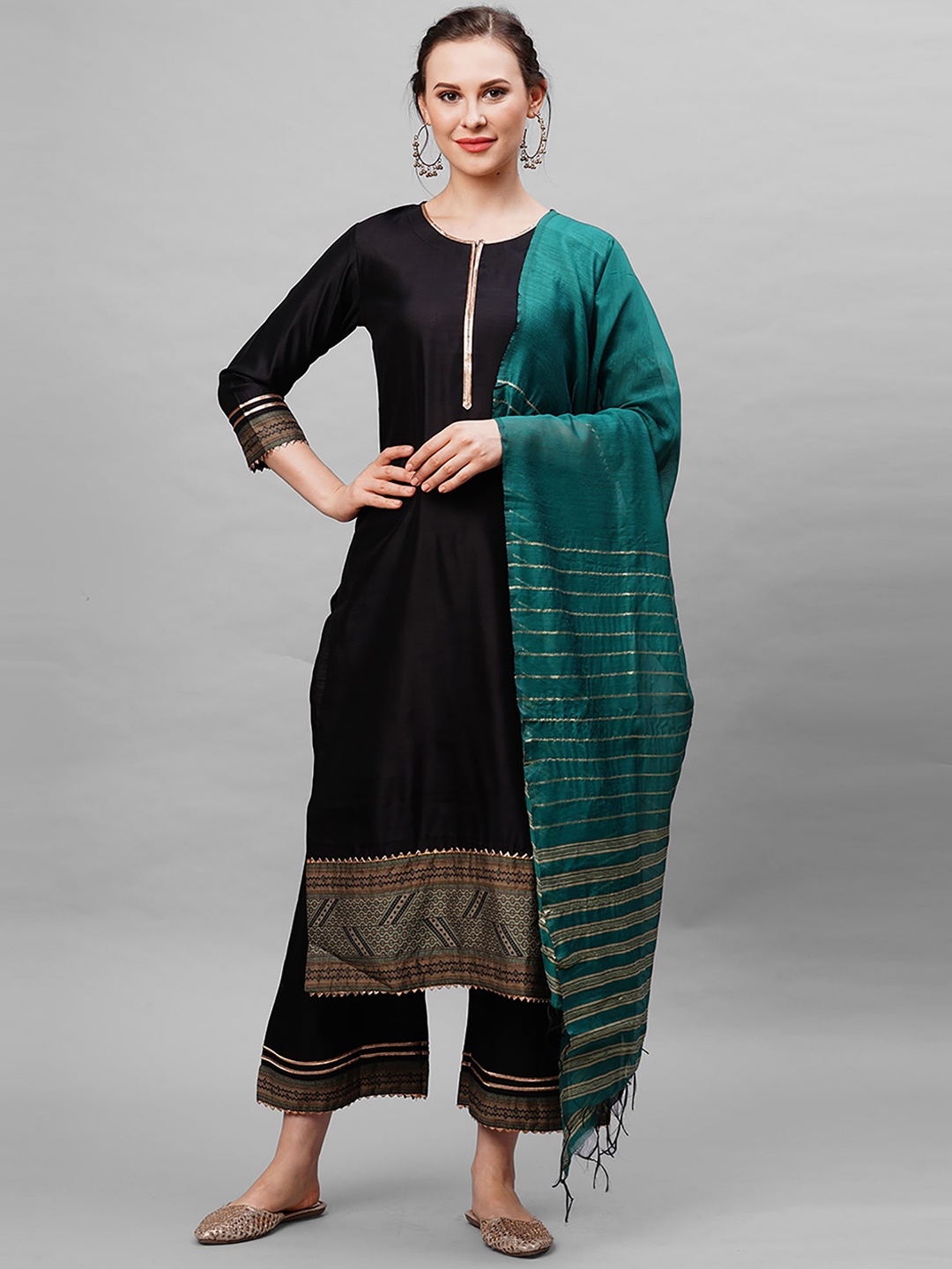 

Indo Era Women Black & Green Gotta Patti Liva Kurta with Palazzos & Dupatta