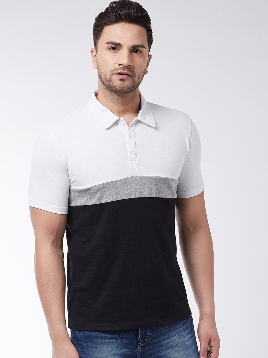 

GRITSTONES Men White Colourblocked Polo Collar Applique T-shirt