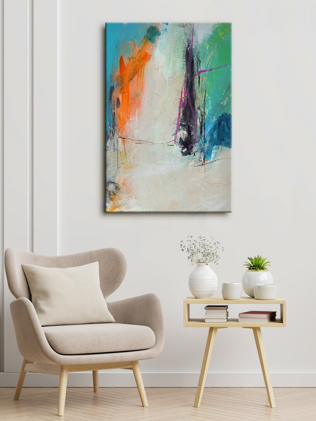 

999Store Beige & Blue Abstract Canvas Framed Wall Art