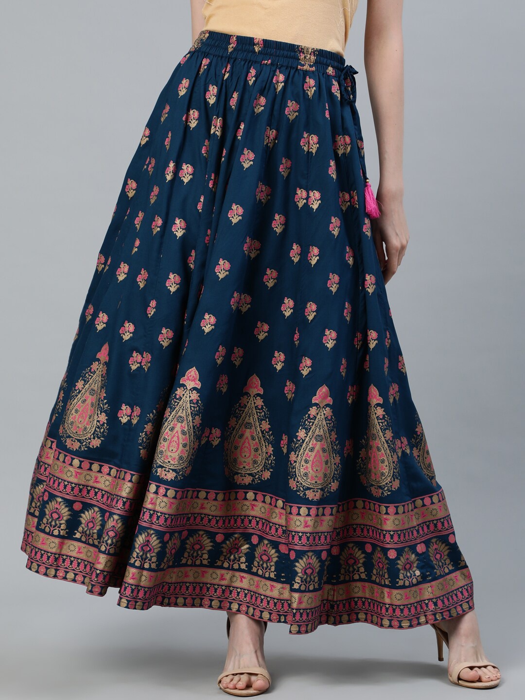 

Jaipur Kurti Teal Blue & Pink Printed Flared Maxi Skirt