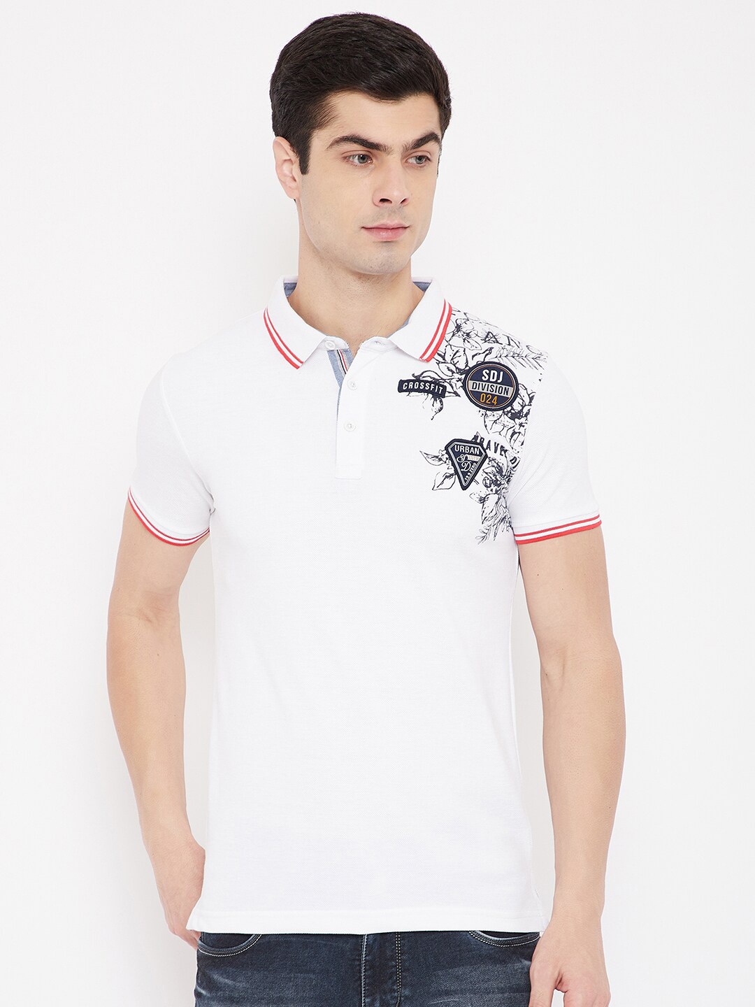 

Duke Men White Typography Printed Polo Collar Applique T-shirt